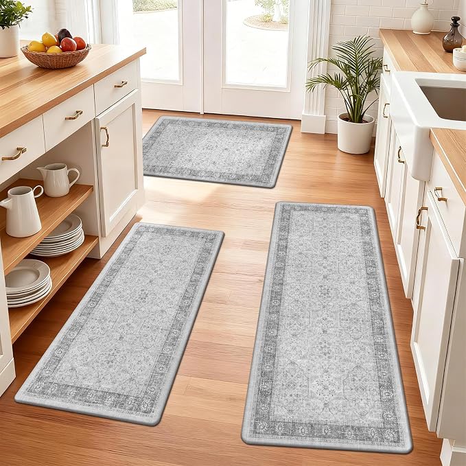 Pauwer Anti Fatigue Kitchen Floor Mats Set of 3, Cushioned Rugs, Light Grey | Non Slip Comfort Standing Mat, PVC Foam Padded Kitchen Rugs, Waterproof Sink Rug for Small Kitchen Area, Laundry Room