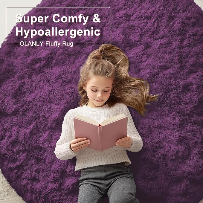 OLANLY Dark Purple Round Rugs for Bedroom - Machine Washable, 4 ft Circle Area Rugs for Living Room, Soft and Fluffy Shaggy Carpet for Teen Girl and Boys, Nursery Rooms, Dorms, Home Decor Aesthetic