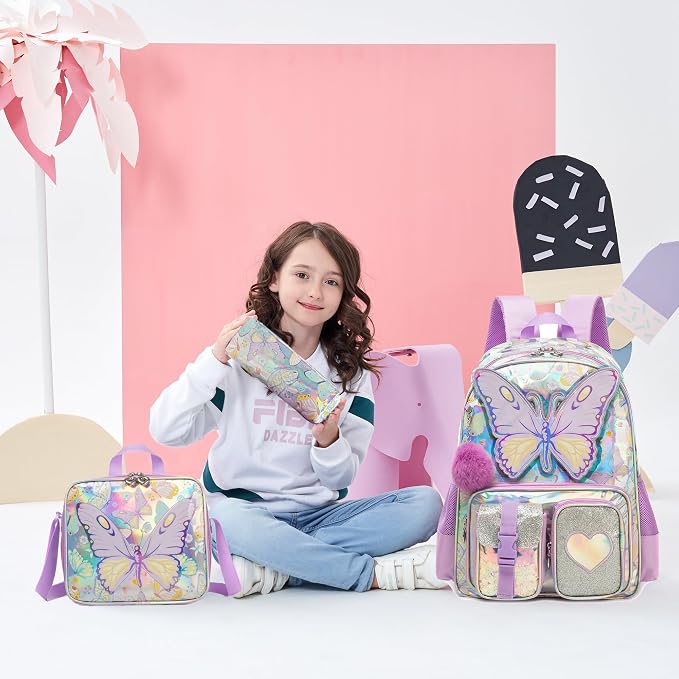 Meetbelify Backpack for Girls Backpacks with Lunch Box Pencil Case for Elementary Student Kids School Travel Bag for Girls Ages 6-8 Years Old