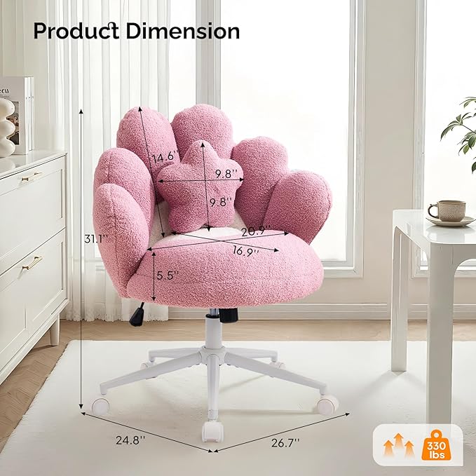 VINGLI Cute Petal Vanity Desk Chair with Star Pillow, Armless Swivel Chair in Vibrant Color-Blocking, Height Adjustable Modern Computer Task Chair for Bedroom & Home Office, Teddy Fleece,Purple