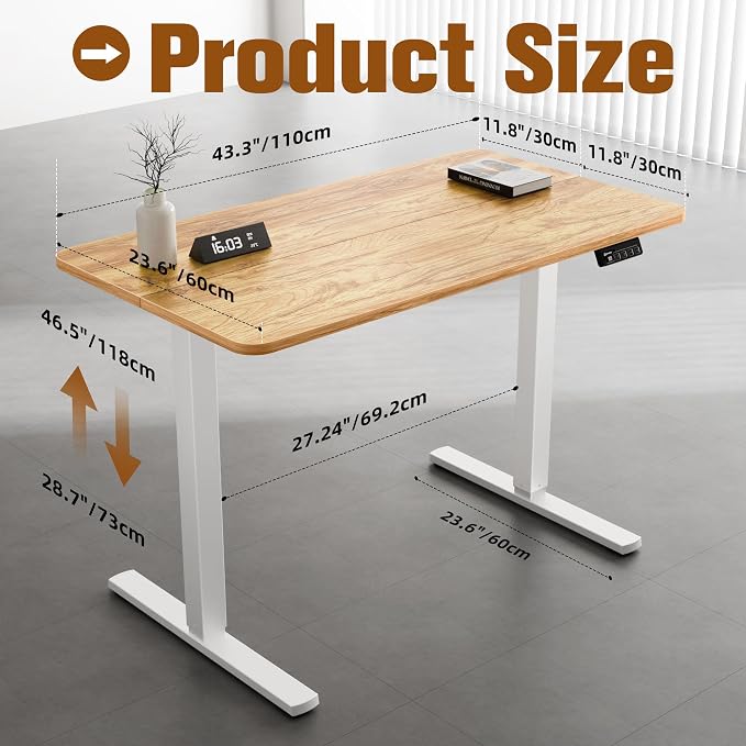 ERGOMAKER 43"x24" Standing Desk, Height Adjustable Sit-Stand Home Office | Electric Adjustable Standing Desk, Sit to Stand Computer Office Desk with Splice Board, Memory Preset, Lifts 28.7''-46.5"