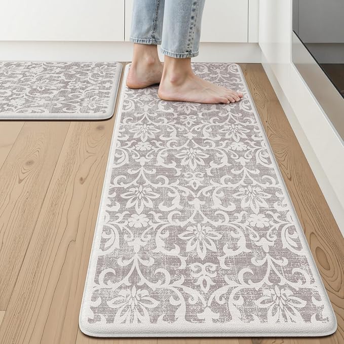 LEEVAN Cushioned Kitchen Mats for Floor Sets of 2,Vintage Distressed Grey Anti-Fatigue Kitchen Mat for Laundry,Non Slip Waterproof Standing Mat for Home,Office,Desk,Sink(17''x29''+17''x47'')