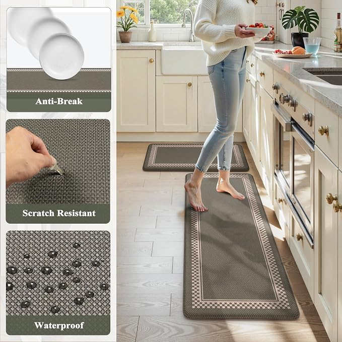 KIMODE Anti Fatigue Mats for Kitchen Floor Checkered Kitchen Rugs Sets of 2 | Sage Green Cushioned Kitchen Floor Mats Non Slip,Farmhouse Standing Mat for Sink Laundry Office Desk Dorm 17"x47"+17"x29"