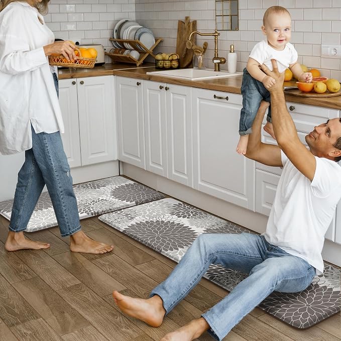 KIMODE Anti Fatigue Mats for Kitchen Floor Cushioned Kitchen Rugs Sets of 2 | 17"x47"+17"x29",Grey,Dahlia Floral Boho,Non Slip Rubber Backing,Waterproof,Wipe Clean,Standing Mat for Office Laundry Sink