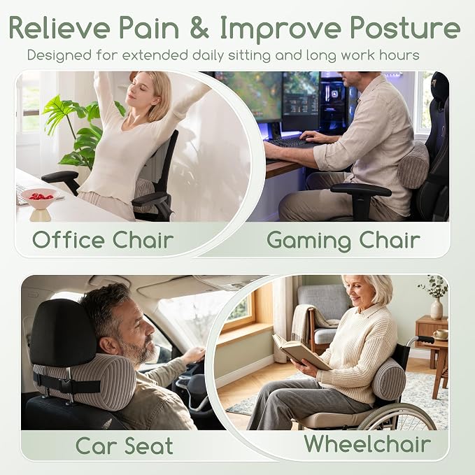 HIGOGOGO Lumbar Roll Lumbar Support Pillow for Office Chairs, Cars, and Gaming Chairs, Back Cushion with Washable Cover & Adjustable Strap to Relieve Back Pain and Improve Posture, 15"x6"x5", Grey