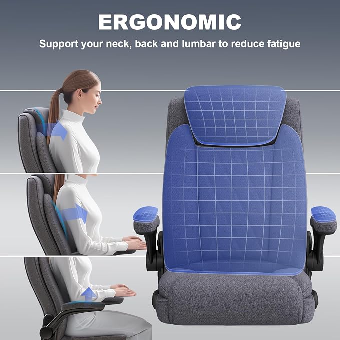 ralex-chair 2 Pack Big and Tall Office Chair -500 lb Heavy Duty Office Chair for Big Man, Fabric High Back Executive Office Desk Chair with 120° Tilt Rock,Computer Desk Chair with flip up arm - Grey