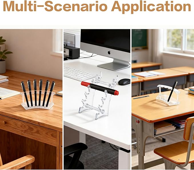 4Pcs Acrylic Pen Display Stand Clear Pen Holder for Desk, 6-Slot Plastic Pens Organizer Rack Beaded Pencil Holder Rest for Fountain Pens Marker Eyebrow Makeup Nail Brush