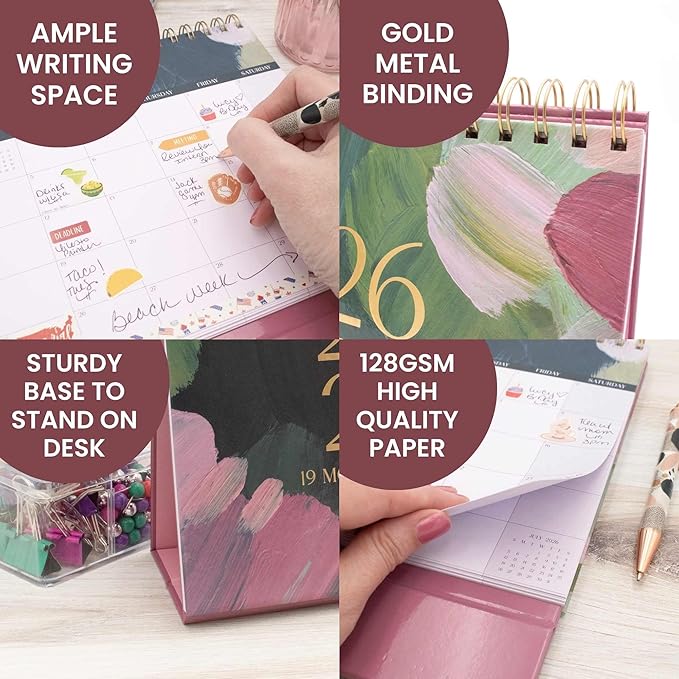 bloom daily planners 2026 Standing Flip Desk Calendar - 8” x 10” Monthly Organizer (January 2026 - July 2027) 19 Month Desktop Blotter - Paint Strokes