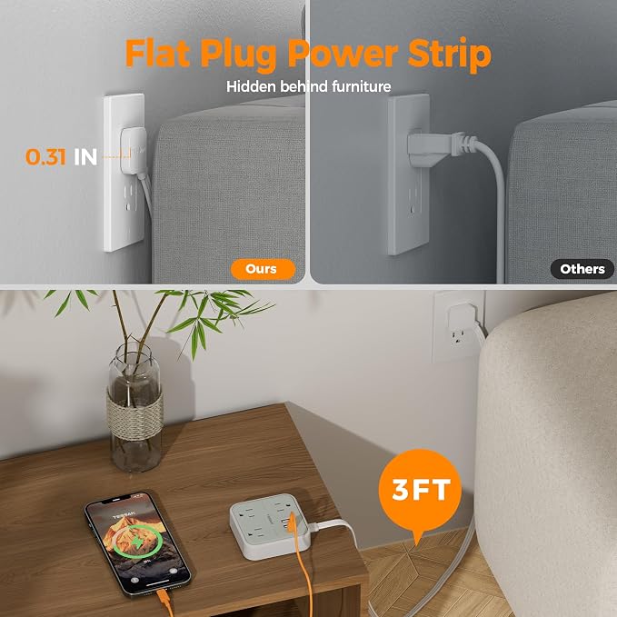 TESSAN Ultra Thin Flat Extension Cord 3 FT, Slim Power Strip with USB Ports (1 USB C), Surge Protector Flat Plug Wall Charger with 3 Outlets for Office, School, Dorm Room Essentials, Grey