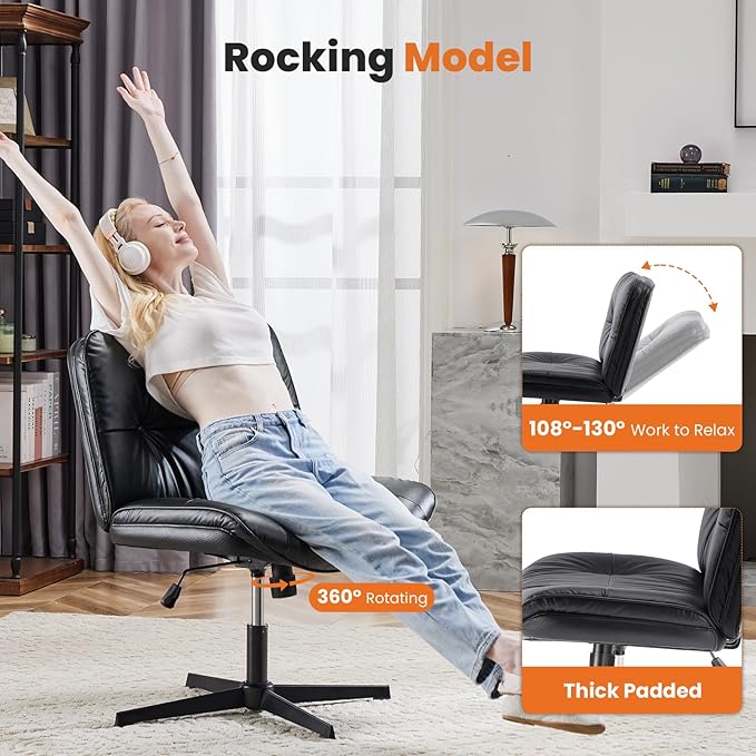 Sweetcrispy Armless-Office Desk Chair Without Wheels, Cross Legged Wide Chair, PU Leather Comfortable Adjustable Swivel Computer Task Chairs for Home,Office,Make Up,Small Space,Bed Room Black