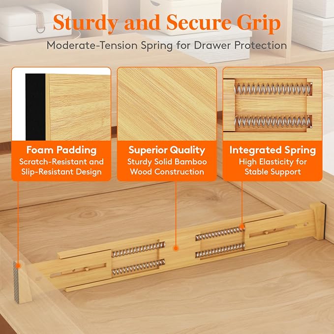 Lifewit 2.4" High 8 Pack Bamboo Drawer Dividers 45-55cm/17.5-22" Adjustable Wooden Drawer Organizer for Clothes/Utensils, Expandable Drawer Separator for Dresser/Kitchen/Bedroom/Office Organization