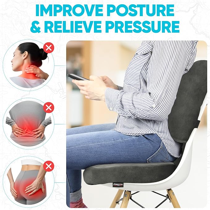 FORTEM Seat Cushion, Office Chair Cushion, Lumbar Support Pillow for Office Chair, Memory Foam Car Seat Cushions, Sciatica Coccyx Tailbone Pain Relief, Cushions for Back Support, Washable, Non Slip XL