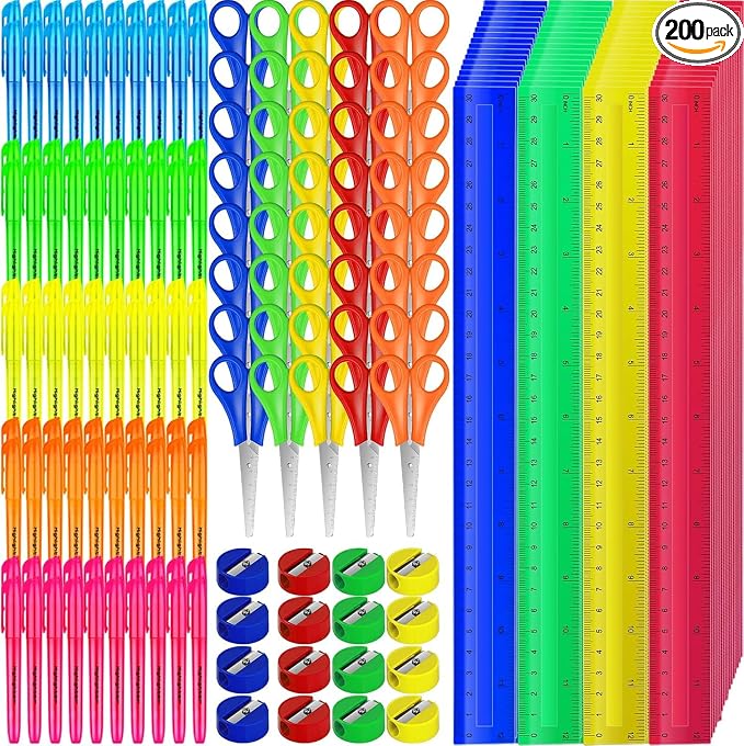 200 Pcs Back to School Supplies Kit Include 50 Student Scissors 50 12 Inch Plastic Rulers 50 Pencil Sharpeners 50 Highlighters for School Classroom Home Charity Donation Supplies (200)