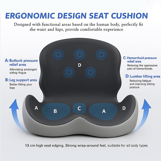 Premium Ergonomic Seat Cushion Set with Back Support, Non-Slip Base for Office Chair, Memory Foam Lumbar Pillow, Back Pain Relief, Car Seat (Dark Gray)