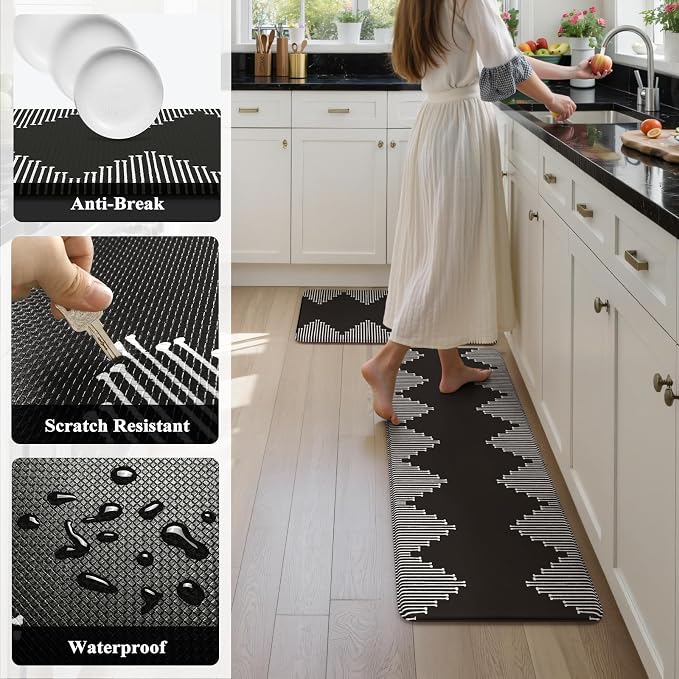 KIMODE Anti Fatigue Kitchen Mats,Black Boho Kitchen Rugs,Standing Desk Mats | Padded Kitchen Mat for Floor, Cushioned Kitchen Mats for Floor 2 Piece for Laundry Office Sink Dormitory RV 17"x47"+17"x29"