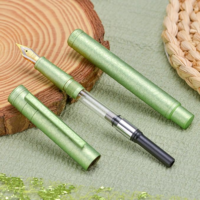 Hongdian 1851 Forest Fountain Pen Applegreen Ice Flowers, Extra Fine Nib Classic Design with Converter and Metal Pen Case