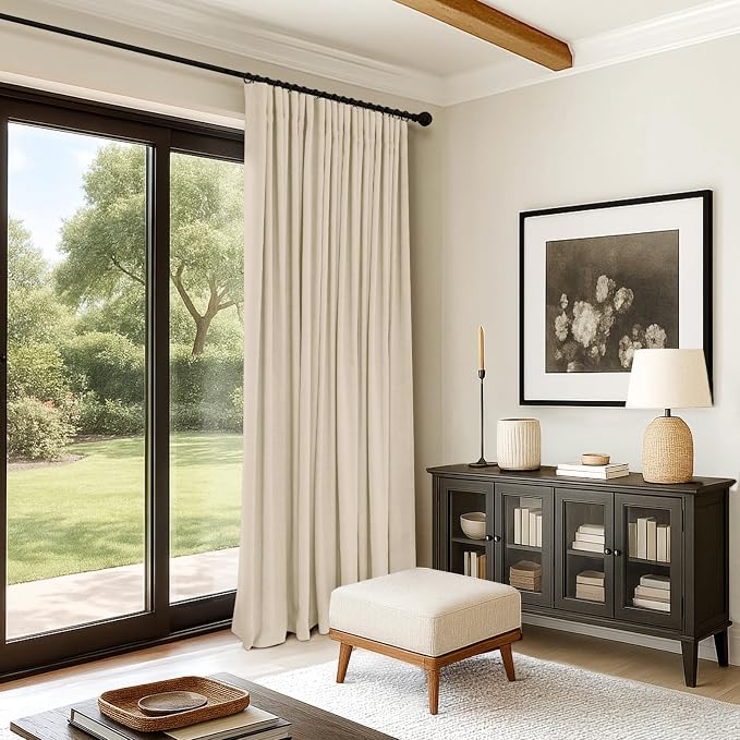 INOVADAY 100% Blackout Curtains for Bedroom, Cream Black Out Curtains 90 Inch Long, Clip Rings Linen Blackout Drapes, Thermal Insulated Room Darkening for Living Room, 1 Panel - W102xL90