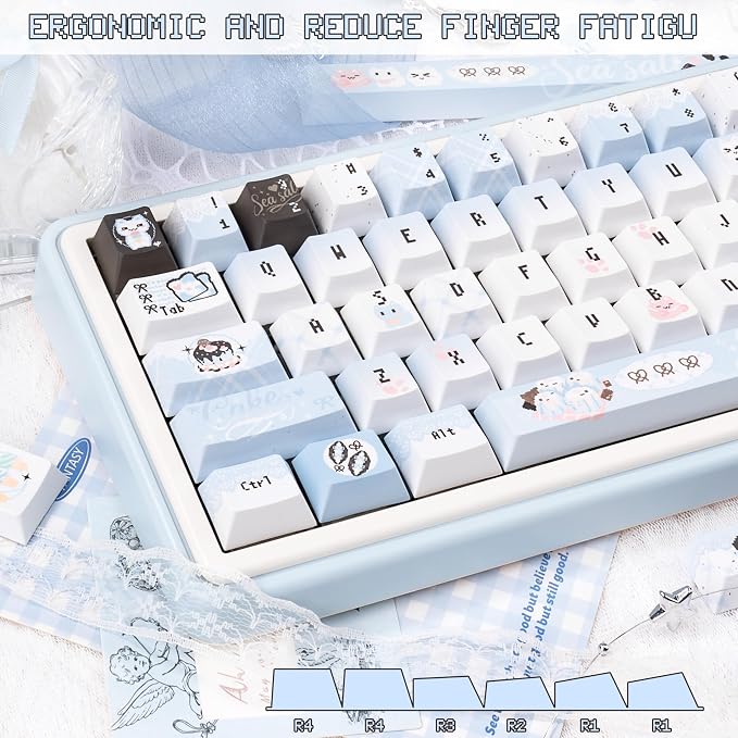 Cherry Profile PBT Keycaps - Cute Cat Keycaps, 145 Keys Blue White, Kawaii Anime Custom Keycap Set for US UK Layout Mechanical Keyboards with Key Puller（Pixel Art Style）