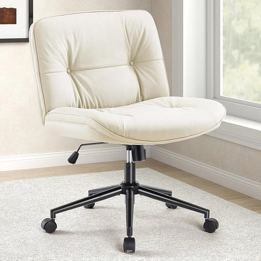 Sweetcrispy Armless-Office Desk Chair with Wheels, Cross Legged Wide Chair, PU Leather Comfortable Adjustable Swivel Computer Task Chairs for Home,Office,Make Up,Small Space,Bed Room Light Beige