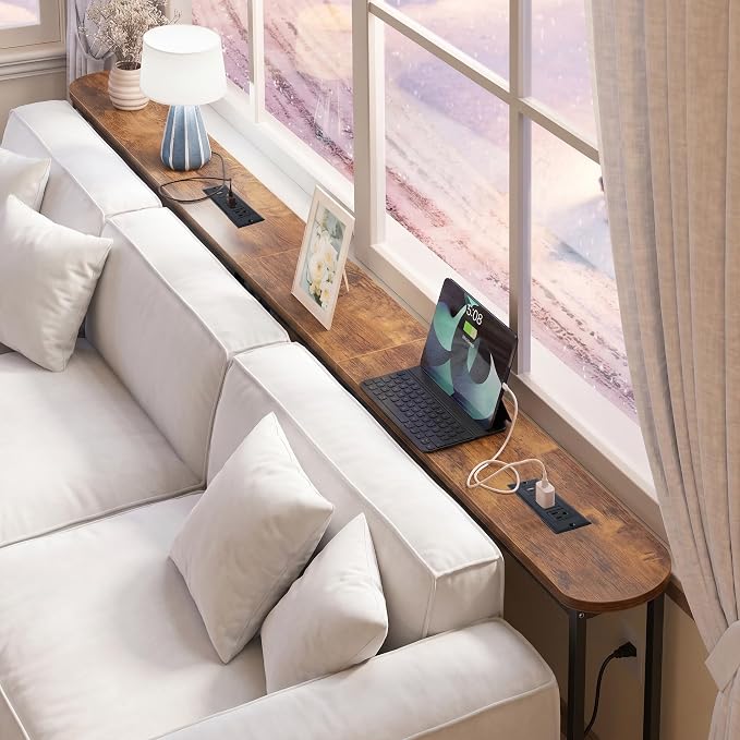 Forteek 78.8" Narrow Sofa Table with Power Outlets, Adjustable Height | Smooth Rounded Corner,Behind Couch with Storage for Living Room,2 USB Ports,Charging Station,Rustic Brown,Anti-Bump Pads