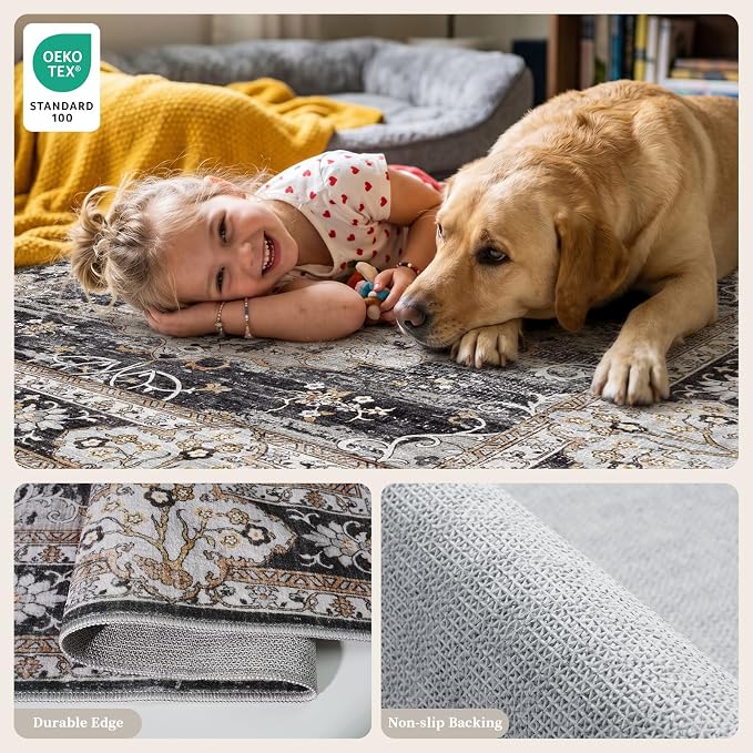 4x10 Runner Rug for Hallway Washable: Non Slip Kitchen Rugs with Rubber Backing Soft Waterproof Wide Mats Stain Resistant Low Pile Carpet for Entryway Bedroom Bathroom Laundry Home Decor Black/Gray