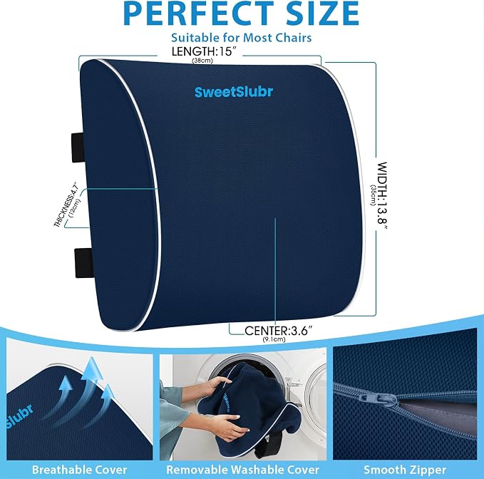 SweetSlubr Large Lumbar Support Pillow for Office Chair, Car Seats and Home Desks, Ergonomic Back Support with Double Adjustable Straps, Machine Washable Cover (Blue,XL)