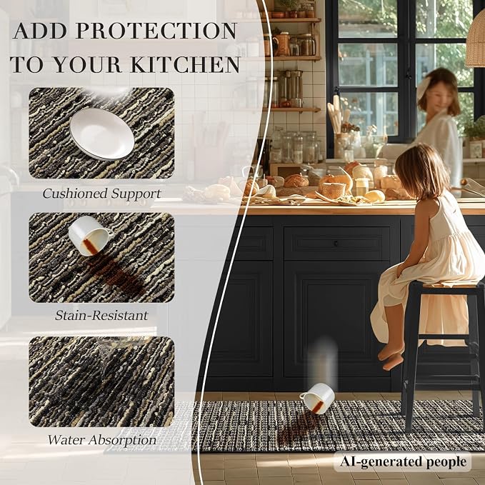Kitchen Rugs Sets of 2-Non Slip Kitchen Mats for Floor-Thick Stain Resistant Vintage Kitchen Floor Mat Runner Carpet for Hallways Entryway Laundry Room Washable（Black 24"x79"+20"x47"）