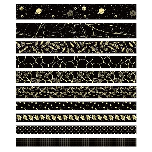 Creative Washi Tape Set 10 Rolls Gold Foil Print Decorative Masking Tapes for Arts, DIY Crafts, Journals, Planners, Scrapbook, Wrapping (Gold Dark)