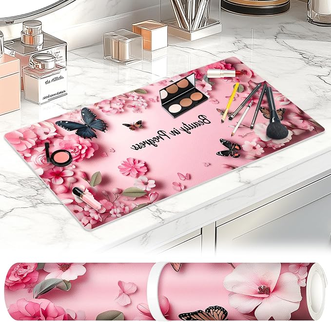 Dual-Sided Waterproof Synthetic Leather Makeup Mat for Desk, Makeup Station, Crafts, Multi-Use Scratch & Stain Resistant Surface Protector Pad for Vanity, Desktop, Craft Table (Butterfly)