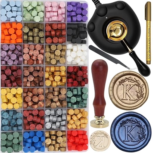 Alphabet K Sealing Wax Stamp Kit with Electric Wax Seal Warmer, 732 Pcs Waxseal Beads, Initial Letter Sealstamp, Spoon, Sealingwax Kit (K)