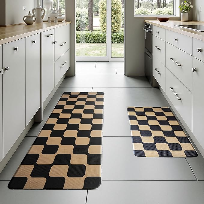 Black Brown Retro Curvy Checkered Grid Checkerboard Kitchen Rug Sets [2 PCs], Anti-Fatigue, Waterproof Non-Slip Kitchen Mats Heavy Duty Comfort Foam Rug for Floor, Home, Laundry,17"x29"+17"x47"