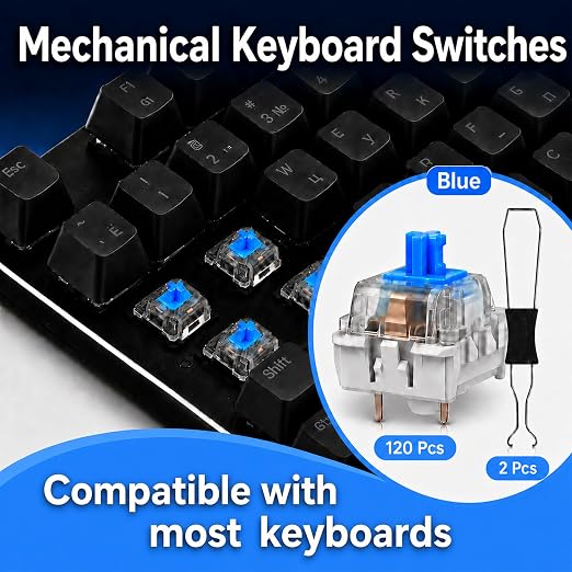 120 Pcs Blue Mechanical Keyboard Switches 3-Pin Tactile Compatible with Most Gaming Keyboards, Dustproof & Waterproof Keyboard Clicker, Including 2Pcs Switch Puller