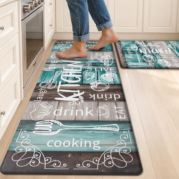 HEBE Anti Fatigue Kitchen Rugs Set of 2, Cushioned Kitchen Mats for Floor | Non Slip Farmhouse Kitchen Rug and Runner Set, Waterproof Comfort Kitchen Floor Mat Carpet for Sink, Standing Desk, Laundry