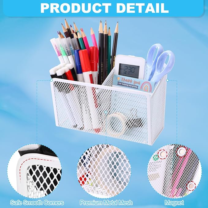 Sherr 3 Pcs Magnetic Pen Pencil Holder Set Magnets Wire Mesh Marker Holder Storage Basket for Locker Accessories Classroom Whiteboard Refrigerator and Home Wall, Macaron Color(White)