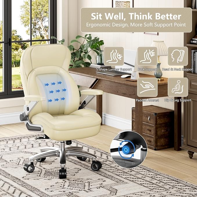 Big and Tall Office Chair, Heavy Duty Desk Chair with 5D Arms, Adjustable Lumbar Support & Height, Tilt Function, PU Leather High Back Ergonomic Executive Computer Chair