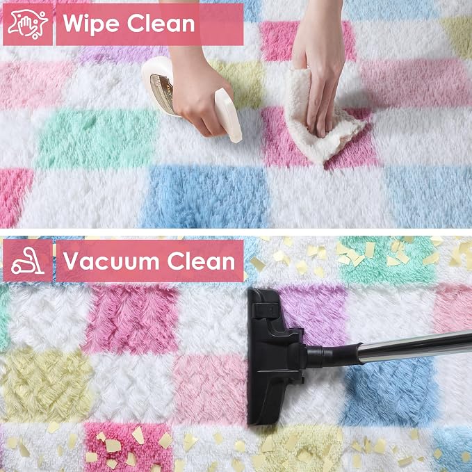 KICMOR Rainbow Checkered 6x9 Area Rugs for Living Room, Large Colorful Fluffy Soft Fuzzy Shag Shaggy Carpet for Bedroom, Cute Indoor Plush Rug for Kids Girls Boys Dorm Nursery Home Decor Aesthetic