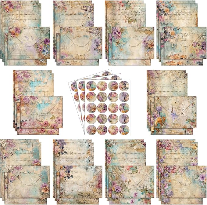TaoBary 160 Pcs Stationery Paper Kit 50 Double Sided Stationery Papers with 50 Matching Envelopes and 60 Round Dot Sticker, 10 Design (vintage Floral, 8.25 x 5.5 Inch)