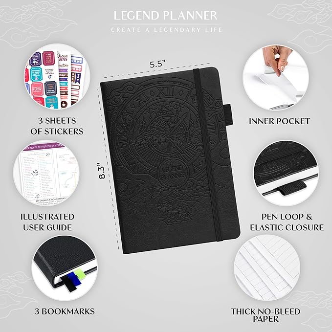 Legend Undated Weekly Planner – Goal Planner Journal & Organizer Notebook – Agenda Book with Monthly Calendar & To-Do List, A5 (Black)