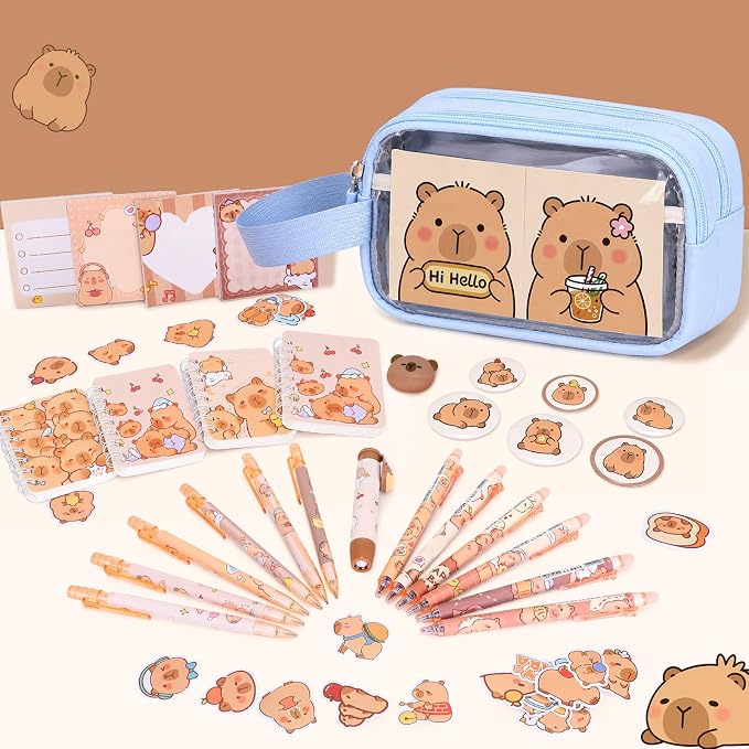 Capybara Backpack for School Girls, 30PCS Capybara Gifts School Supplies Stationery Set with Lunch Box Pencil Case Pens Pencils Notebook Cartoon for Kindergarten Elementary Student(Blue)
