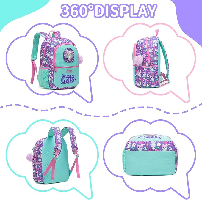 Girls School Backpack for Kids Ages 6-8,Backpack for Girls Cute Cat Lightweight Bookbag Perfect Back to School Gift for Kids with Lunch Box Pencil Case