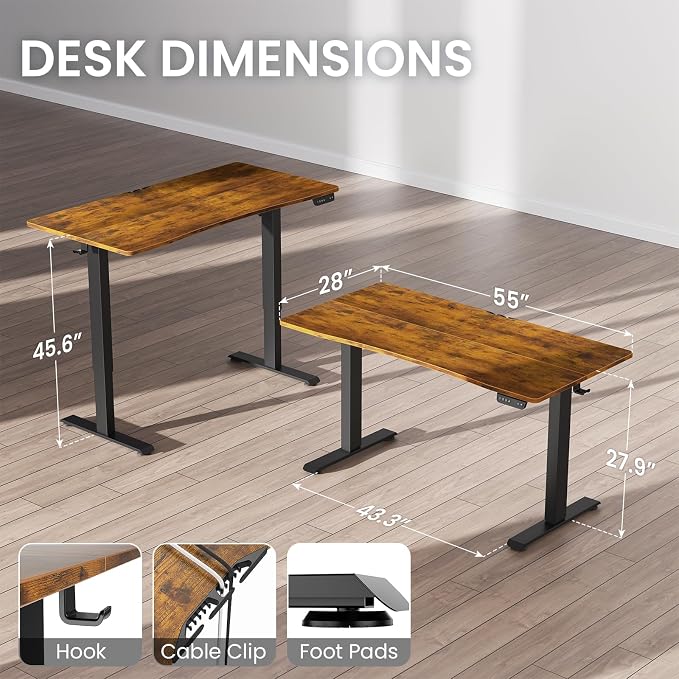 Veken Standing Desk 55 x 28 Inch, Sit to Stand Up, Work Home Office Computer Table for Study, Walking Pad, Writing, and Games, Wooden Desktop Desks, Brown