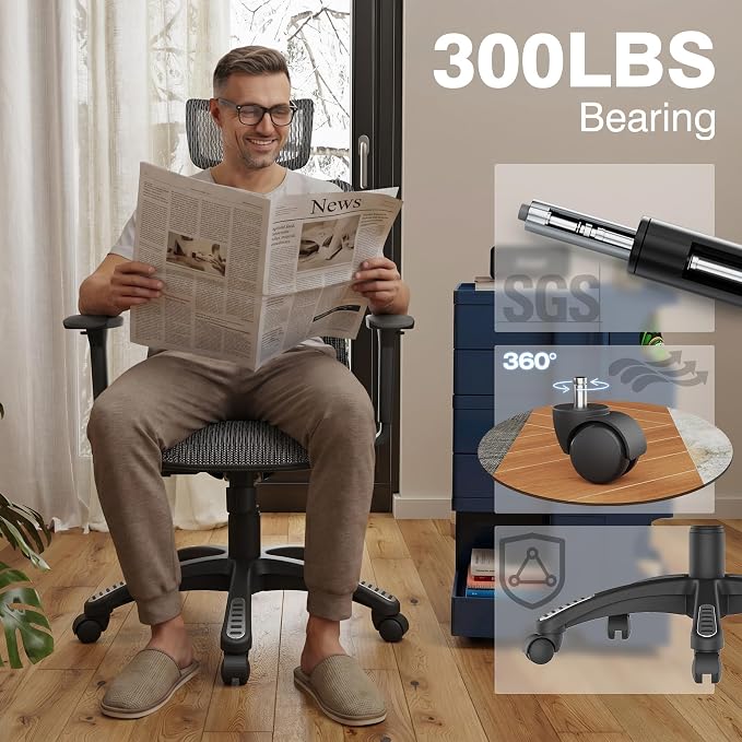 ELABEST T23 Ergonomic Mesh Office Chair, High Back Computer Desk Chair, Breathable AirMesh with Dual-Move Lumbar Support, 3D Armrests & Headrest, Tilt Lock,Big and Tall for Home Office(Graphite)