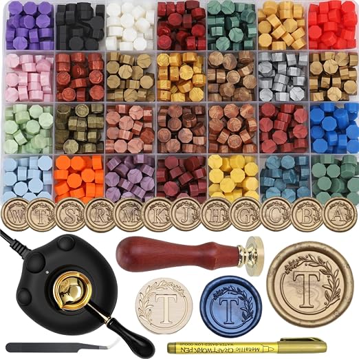 732 Pcs Sealing Wax Stamp Kit with Electric Wax Seal Warmer, Initial Alphabet T Seal Stamp, 28 Color Assorted Waxseal Beads, Spoon, Letter Sealingwax Stamp Kit (T)