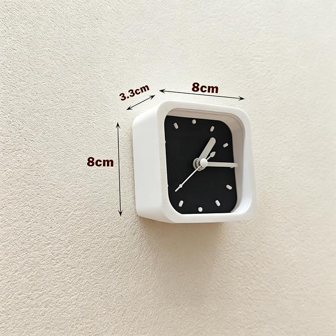 Mini 3 Inch Silent Analog Clock, Magnetic & Wall Mountable, Square Minimalist Design, Battery Operated, Black & White, for Bedroom, Kitchen, Office & Desk (White)