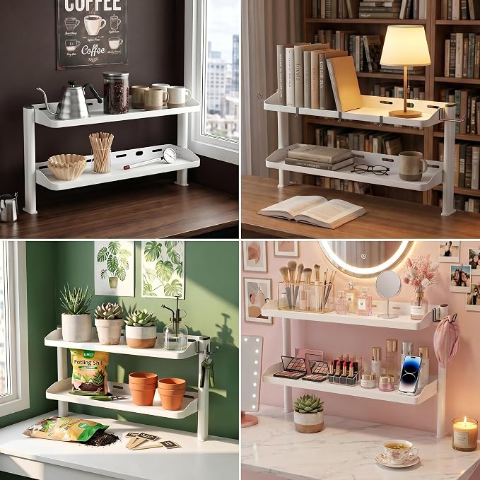 Clamp on Desk Shelf White, 24in 2-Tier Office Desk Shelves Organizer, Shelf for Top of Desk with Headphone Holder and Hooks, Desktop Storage Rack for Home Workspace, Study Rooms, Gaming Accessories