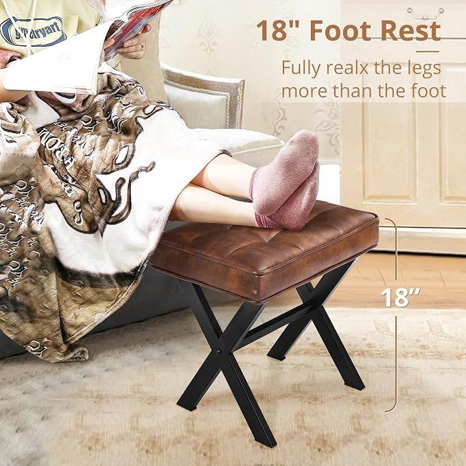 LUE BONA Vanity Stool, Square Faux Leather Makeup Stool with Metal X Legs, Small Ottoman Stool Chair for Vanity, Modern Padded Vanity Seat Foot Rest Stool for Makeup Room, Living Room, Reddish Brown