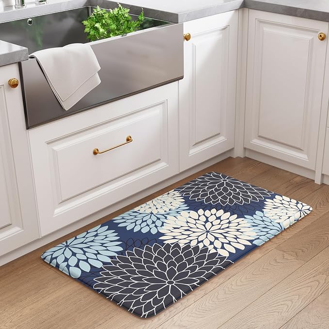 KIMODE Anti Fatigue Kitchen Mat for Floor Cushioned Comfort Standing Mat | 17.3"x29",Dahlia Blue, Kitchen Floor Mats Non Slip Waterproof,Wipe Clean,Farmhouse Mat for Laundry Office Sink Desk