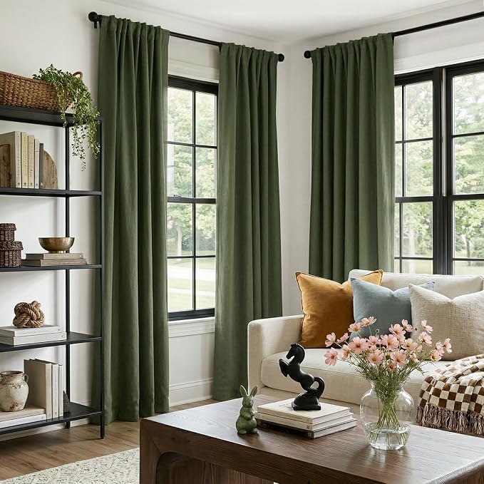 INOVADAY 100% Blackout Curtains for Bedroom, Olive Green Black Out Curtains 84 Inch Long, Clip Rings Linen Blackout Drapes, Thermal Insulated Room Darkening for Living Room, 2 Panels - W50xL84