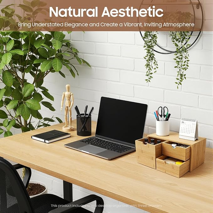 Desk Organizer, Office Vanity Bamboo Desk Organizer, Mini Bamboo Desk Drawer Tabletop Storage Box with 3 Drawer Night Stand Table Organizer for Makeup Vanity Office Supplies (3 Drawer, 1 Left+2 Right)