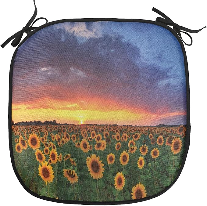 Lunarable Sunflower Chair Cushion Pad, Field of Sunflowers Sunset Dramatic Sky Clouds Scenic Picture, Seat Padding for Kitchen & Patio with Anti-Slip Backing, 16"x16", Fern Green Sky Blue